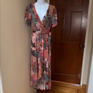 West Kei Multicolor Floral High Low Faux Wrap Tie Plunge Neck Dress Women’s Sz M
